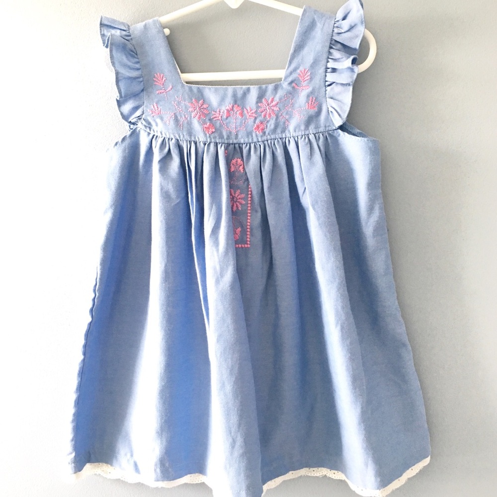 Chambray Embroidered Ruffle sleeve Dress